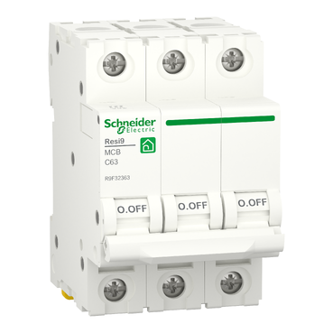 R9F32363 - Miniature circuit breaker (MCB), Resi9, 3P, 63A, C curve, 4500A (IEC/EN 60898-1) Schneider Electric