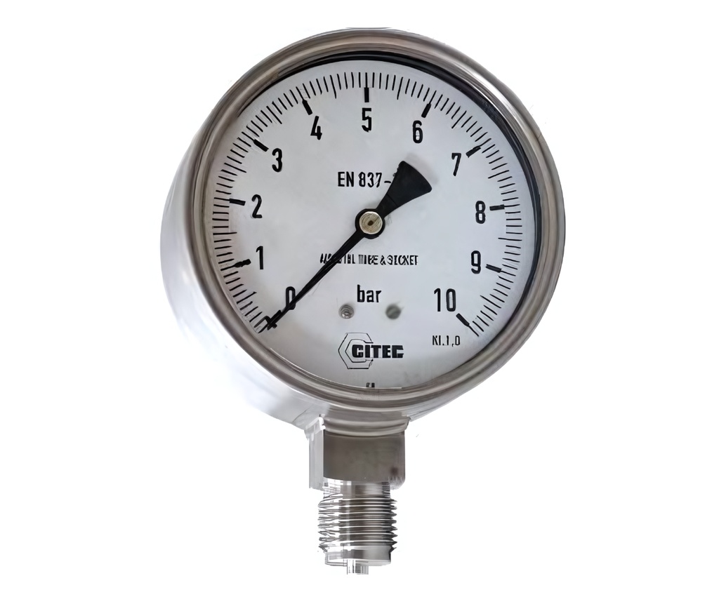 Glycerin Filled Pressure gauge 0-10bar +/-1% Accuracy, Dial 4", Connection 1/2", AISI 304 SS, Connection 316 SS, Safety Glass