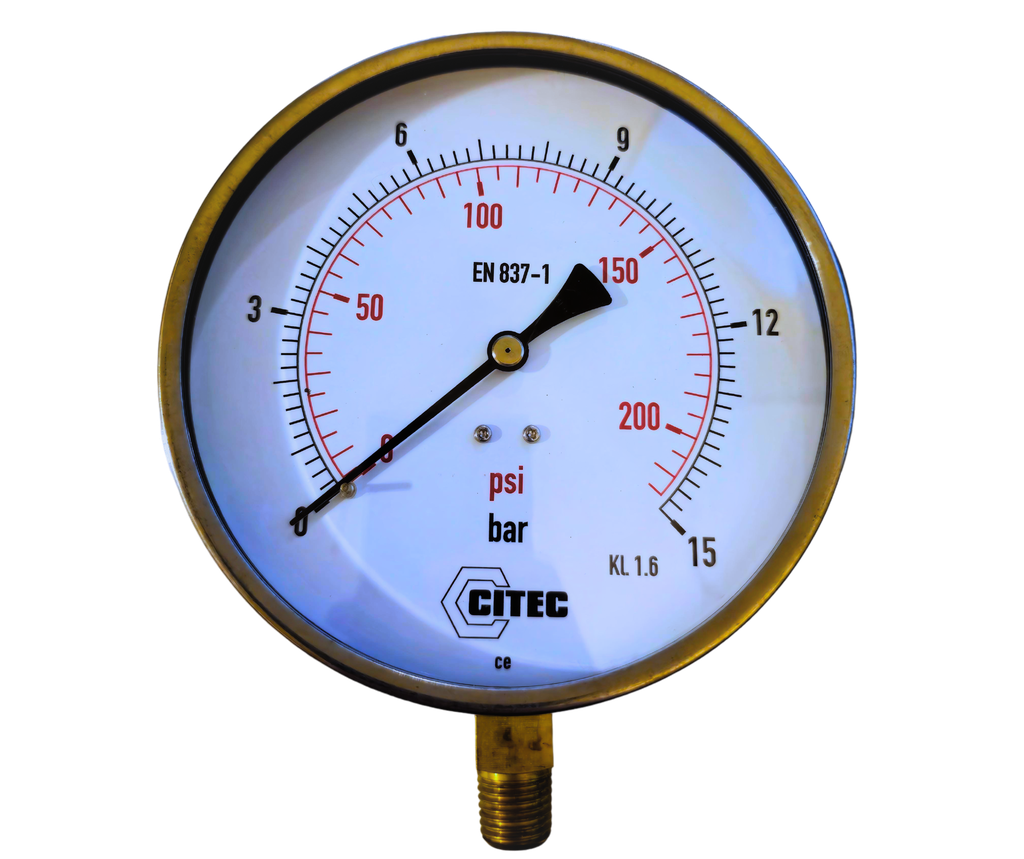 Dry Pressure gauge 0-16 bar +/-1% Accuracy, Dial 4", Connection 1/4", AISI 304 SS, Connection 316 SS, Safety Glass