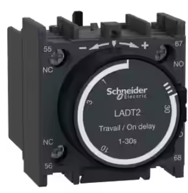 LADT2 - Time delay auxiliary contact block, TeSys D, 1NO + 1NC, on delay 1-30 s, front mounting, screw terminals