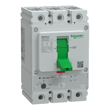 G25F3A250 | Circuit breaker, GoPact MCCB 250, 3 poles, 36kA at 415VAC, 250A rating, TMD trip unit, adjustable thermal protection